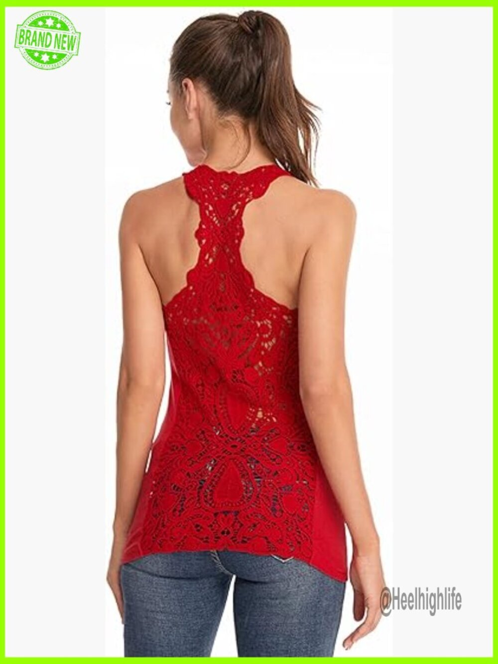 Scoop Neck Racerback Lace Tank Top, Cotton Blend, Slim Fit